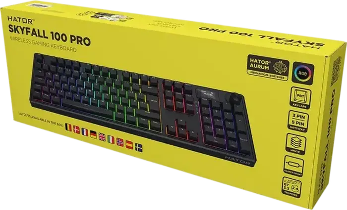 Tastatura Mecanica HATOR Skyfall 100 PRO Wireless Full-size, Conectivitate Tri-mode, Switch-uri Aurum Vanila Silent Linear, Negru, Baterie 8000mAh, Ecran TFT, RGB