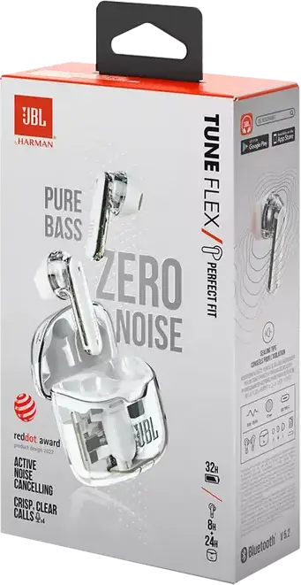 JBL Tune Flex Ghost Edition Wireless In-Ear Earbuds, Active Noise Cancelling ANC, 12mm Dynamic Drivers, Pure Bass Sound, IPX4 Water Resistant, White
