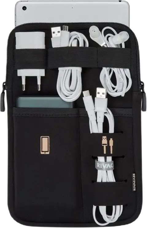 Organizator de Calatorie RivaCase 5612 pentru Tablete 7-8 inch, Neopren si Poliester, Negru, cu Buzunar din Plasa, Bucle pentru Cabluri, 175x25x250mm