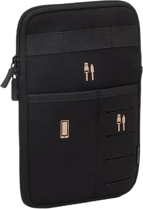 Organizator de Calatorie RivaCase 5612 pentru Tablete 7-8 inch, Neopren si Poliester, Negru, cu Buzunar din Plasa, Bucle pentru Cabluri, 175x25x250mm