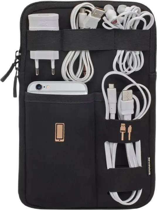Organizator de Calatorie RivaCase 5612 pentru Tablete 7-8 inch, Neopren si Poliester, Negru, cu Buzunar din Plasa, Bucle pentru Cabluri, 175x25x250mm