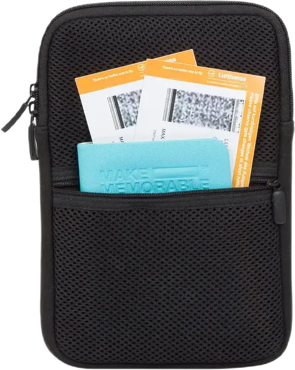 Organizator de Calatorie RivaCase 5612 pentru Tablete 7-8 inch, Neopren si Poliester, Negru, cu Buzunar din Plasa, Bucle pentru Cabluri, 175x25x250mm