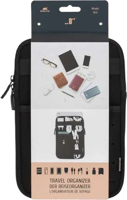 Organizator de Calatorie RivaCase 5612 pentru Tablete 7-8 inch, Neopren si Poliester, Negru, cu Buzunar din Plasa, Bucle pentru Cabluri, 175x25x250mm