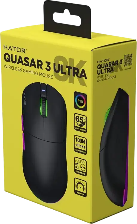 Mouse Gaming Wireless HATOR Quasar 3 Ultra 8K, Negru, Senzor PixArt PAW 3950 30,000 DPI, Rata Polling 8000Hz, Switch-uri Optice, 65g, Conectivitate Tri-mod