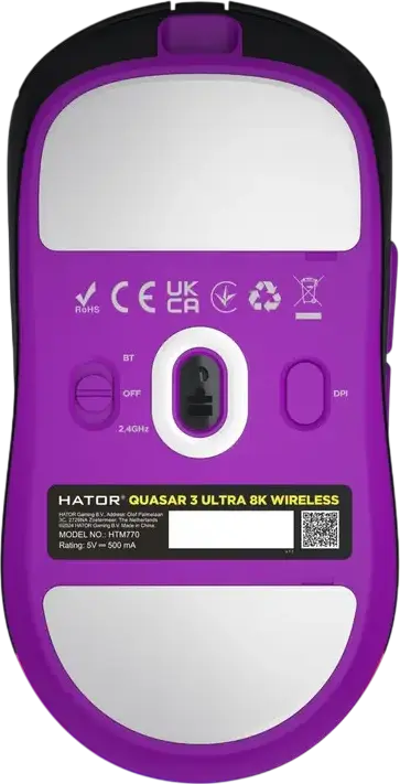 Mouse Gaming Wireless HATOR Quasar 3 Ultra 8K, Negru, Senzor PixArt PAW 3950 30,000 DPI, Rata Polling 8000Hz, Switch-uri Optice, 65g, Conectivitate Tri-mod