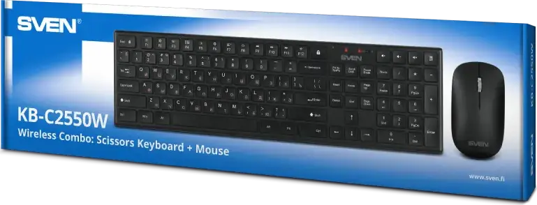 SVEN KB-C2550W Wireless Keyboard and Mouse Set, 2.4 GHz USB Nano Receiver, Scissor Switches, 109 Keys, 5 Quick Access & 12 Multimedia Keys, 1000 dpi Optical Mouse, Black
