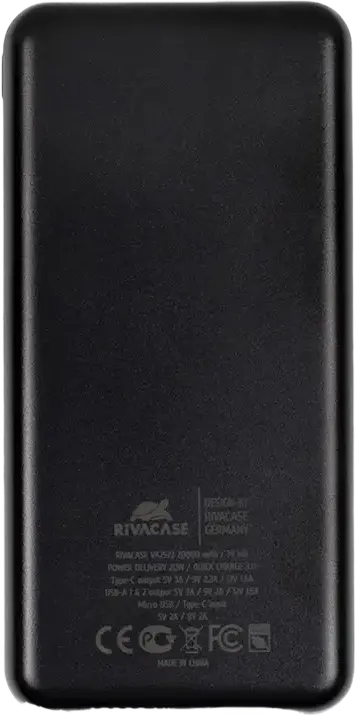 Rivacase VA2572 Power Bank 20000mAh 20W, PD 3.0, QC 3.0, USB-C Input/Output, Pass-Through Charging, 74Wh, Black