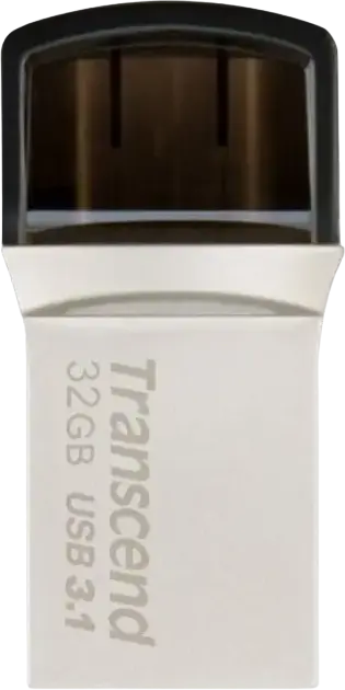 Transcend JetFlash 890 Dual USB 3.1 Gen 1 Type-C and Type-A Flash Drive, 32 GB, COB Metallic Splashproof Dust-Resistant OTG USB Stick, Silver
