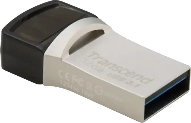 Transcend JetFlash 890 Dual USB 3.1 Gen 1 Type-C and Type-A Flash Drive, 32 GB, COB Metallic Splashproof Dust-Resistant OTG USB Stick, Silver