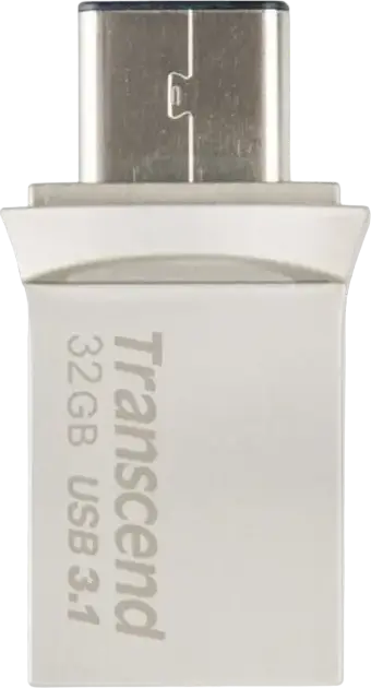 Transcend JetFlash 890 Dual USB 3.1 Gen 1 Type-C and Type-A Flash Drive, 32 GB, COB Metallic Splashproof Dust-Resistant OTG USB Stick, Silver