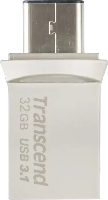 Transcend JetFlash 890 Dual USB 3.1 Gen 1 Type-C and Type-A Flash Drive, 32 GB, COB Metallic Splashproof Dust-Resistant OTG USB Stick, Silver
