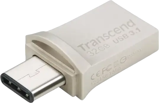 Transcend JetFlash 890 Dual USB 3.1 Gen 1 Type-C and Type-A Flash Drive, 32 GB, COB Metallic Splashproof Dust-Resistant OTG USB Stick, Silver