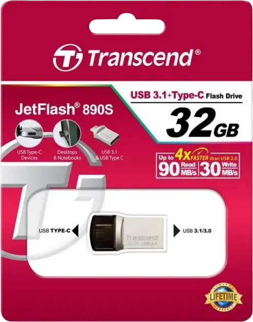 Transcend JetFlash 890 Dual USB 3.1 Gen 1 Type-C and Type-A Flash Drive, 32 GB, COB Metallic Splashproof Dust-Resistant OTG USB Stick, Silver