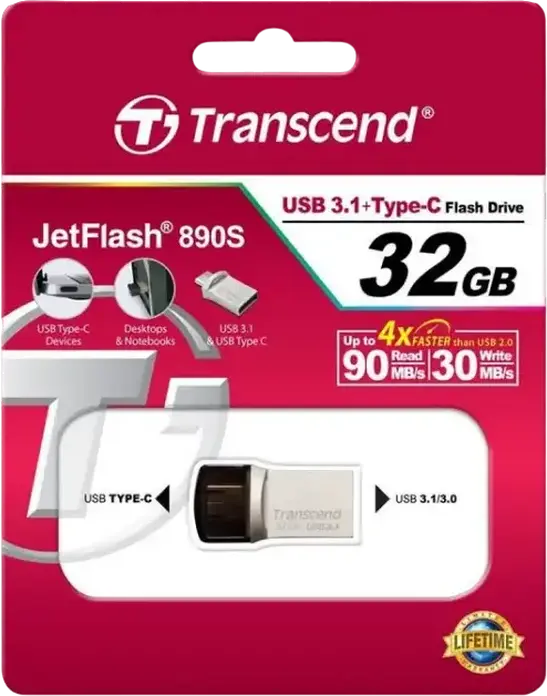 Transcend JetFlash 890 Dual USB 3.1 Gen 1 Type-C and Type-A Flash Drive, 32 GB, COB Metallic Splashproof Dust-Resistant OTG USB Stick, Silver