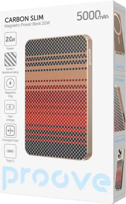Внешний аккумулятор Proove Carbon Slim 20W 5000mAh, Бронзовый, быстрая зарядка PD3.1 QC3.0, беспроводная зарядка Qi 15W, корпус из кевлара и алюминия, ультратонкий