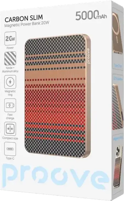Внешний аккумулятор Proove Carbon Slim 20W 5000mAh, Бронзовый, быстрая зарядка PD3.1 QC3.0, беспроводная зарядка Qi 15W, корпус из кевлара и алюминия, ультратонкий