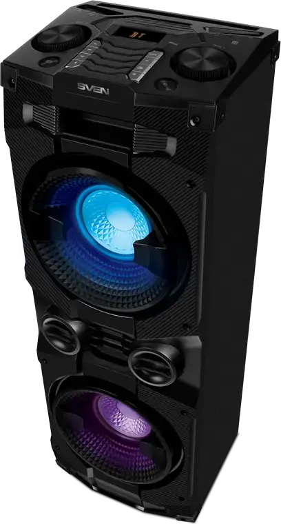 SVEN PS-1500 Party Speaker System, 500W RMS, Bluetooth, NFC, TWS, RGB Backlight, FM Radio, Mic & Guitar Inputs, MDF Wood Cabinet, Black