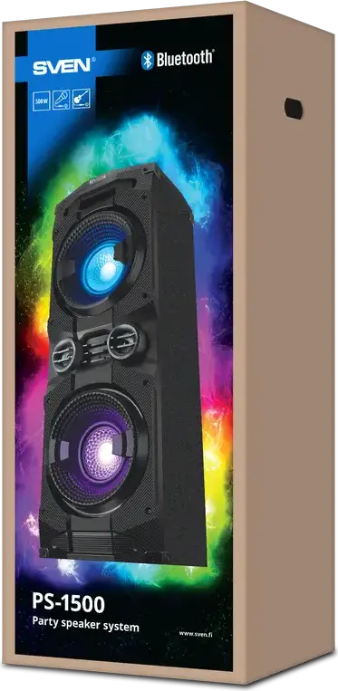 SVEN PS-1500 Party Speaker System, 500W RMS, Bluetooth, NFC, TWS, RGB Backlight, FM Radio, Mic & Guitar Inputs, MDF Wood Cabinet, Black