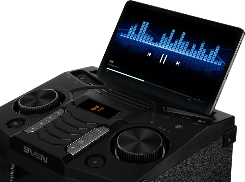 SVEN PS-1500 Party Speaker System, 500W RMS, Bluetooth, NFC, TWS, RGB Backlight, FM Radio, Mic & Guitar Inputs, MDF Wood Cabinet, Black