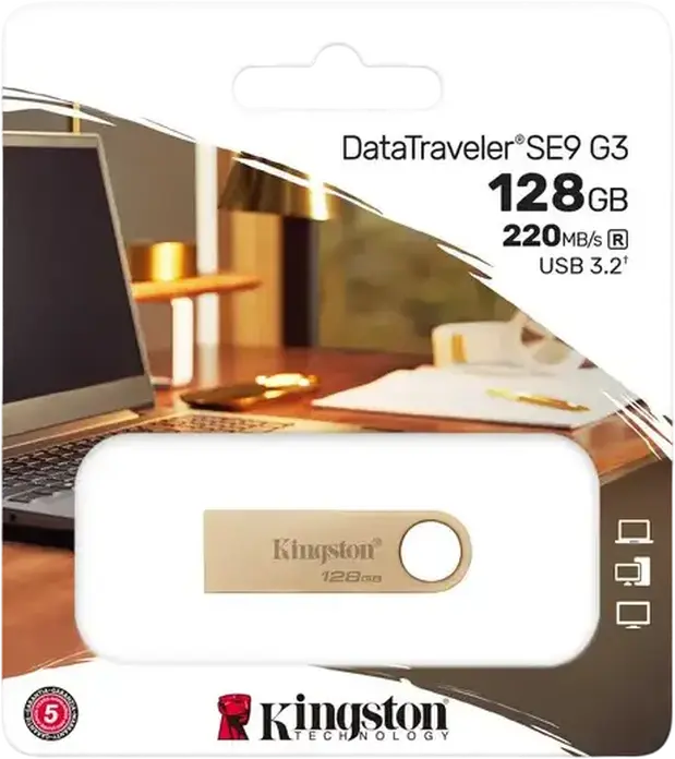 Kingston DataTraveler SE9 G3 USB 3.2 Gen 1 Flash Drive 128 GB, up to 220MB/s Read, 100MB/s Write, Cap-less All-Metal Casing with Integrated Keyring Loop