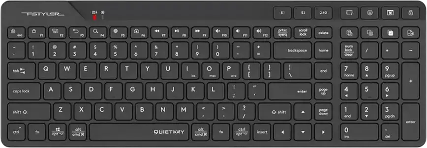 A4Tech FBK27C AS Wireless Keyboard, Bluetooth & 2.4GHz, Multi-Device Pairing for 3 Devices, QuietKey Membrane, USB-C Rechargeable, Black
