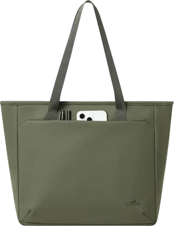 Rivacase Eden-Eco 7821 Women's Laptop Tote Bag, 14 inch, 14L, Water-Resistant Polyester RPET PU, Olive Green, with Trolley Strap and Padded Compartment