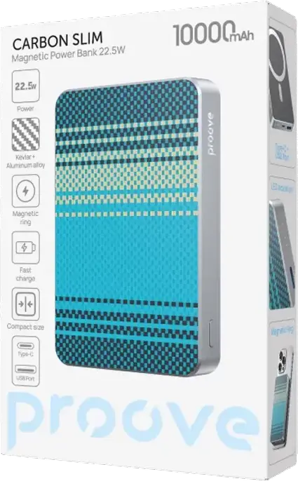 Proove Carbon Slim 10000mAh Power Bank, Blue, 22.5W Fast Charging, 15W MagSafe Wireless Charging, PD3.1, QC3.0, Kevlar and Aluminum Alloy, USB-C & USB-A