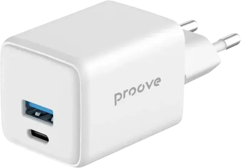 Proove Pocket GaN 30W Compact Wall Charger, Dual Port USB-C PD 3.0 & USB-A QC 4+ PPS, EU Plug, Fire-resistant Polycarbonate, White