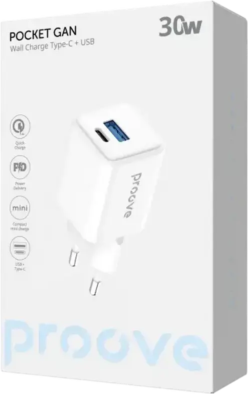 Proove Pocket GaN 30W Compact Wall Charger, Dual Port USB-C PD 3.0 & USB-A QC 4+ PPS, EU Plug, Fire-resistant Polycarbonate, White