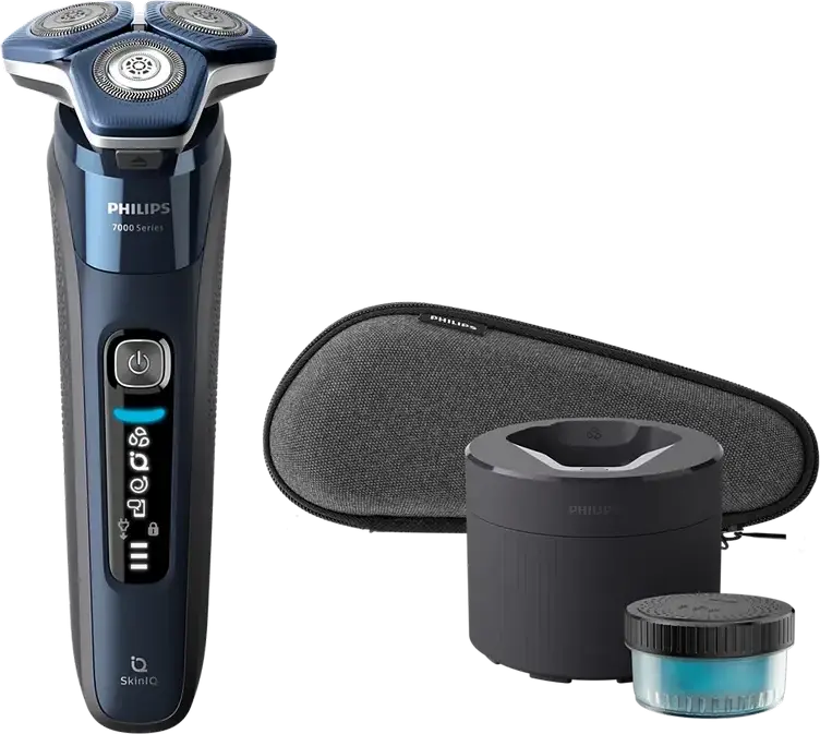 Aparat de ras electric Philips S7885/50 Series 7000, Sistem Rotativ, Tehnologie SkinIQ, Lame SteelPrecision, Wet & Dry, Statie Curatare, Albastru