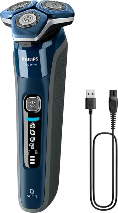 Aparat de ras electric Philips S7885/50 Series 7000, Sistem Rotativ, Tehnologie SkinIQ, Lame SteelPrecision, Wet & Dry, Statie Curatare, Albastru