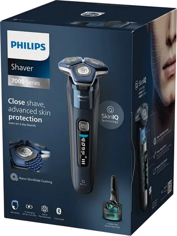Aparat de ras electric Philips S7885/50 Series 7000, Sistem Rotativ, Tehnologie SkinIQ, Lame SteelPrecision, Wet & Dry, Statie Curatare, Albastru