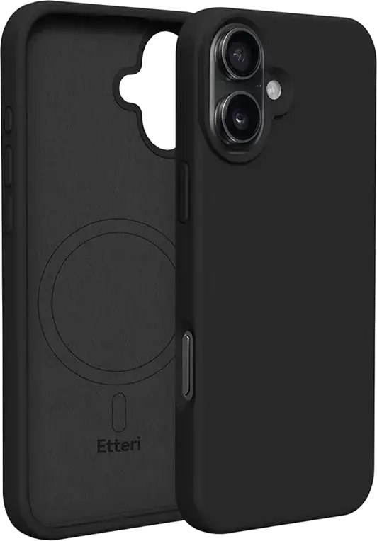 Etteri Silicone Mag Case for iPhone 16 Plus, Black, MagSafe Compatible Protective Cover with Raised Edges for Camera and Screen Protection, Wireless Charging Support