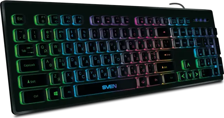 SVEN KB-C7500EL Multimedia Membrane Wired USB Keyboard, RGB Backlight with Breathing Mode, 104 Keys, 12 Shortcut Keys, EN/RU Layout, Black