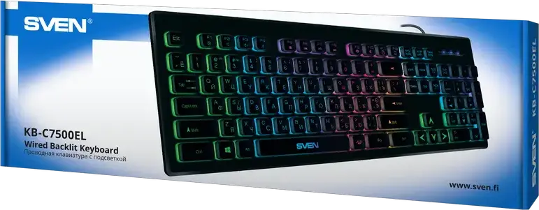 SVEN KB-C7500EL Multimedia Membrane Wired USB Keyboard, RGB Backlight with Breathing Mode, 104 Keys, 12 Shortcut Keys, EN/RU Layout, Black