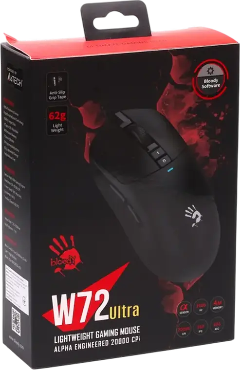 Mouse Gaming Bloody W72 Ultra, Senzor Optic Alpha 20K, 20.000 CPI, 9 Butoane Programabile, Rata de Raport 2000Hz, Tehnologie RapidSnap Rebound, Negru