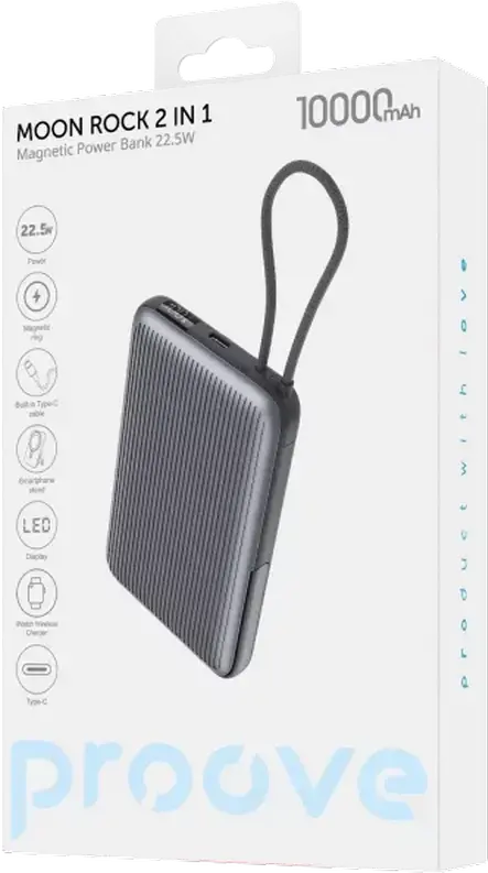 Proove Moon Rock 10000mAh Power Bank, 22.5W Fast Charging, Qi Wireless Charging 15W, Magnetic Attachment, Built-in USB-C Cable, LCD Display, Gray