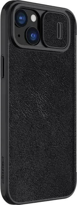 Nillkin Qin Pro Leather Flip Case for iPhone 15 Plus, Premium PU Leather with CamShield Slide Camera Cover and Integrated Card Slots, Black