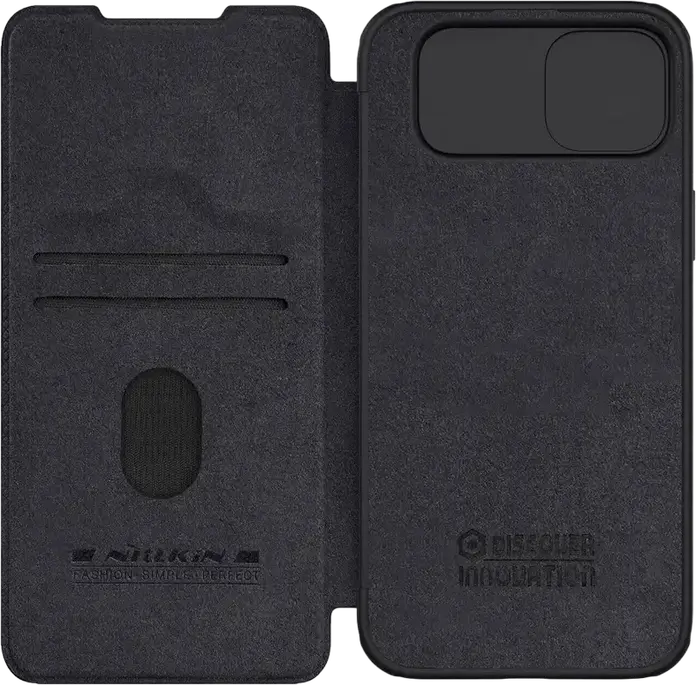 Nillkin Qin Pro Leather Flip Case for iPhone 15 Plus, Premium PU Leather with CamShield Slide Camera Cover and Integrated Card Slots, Black