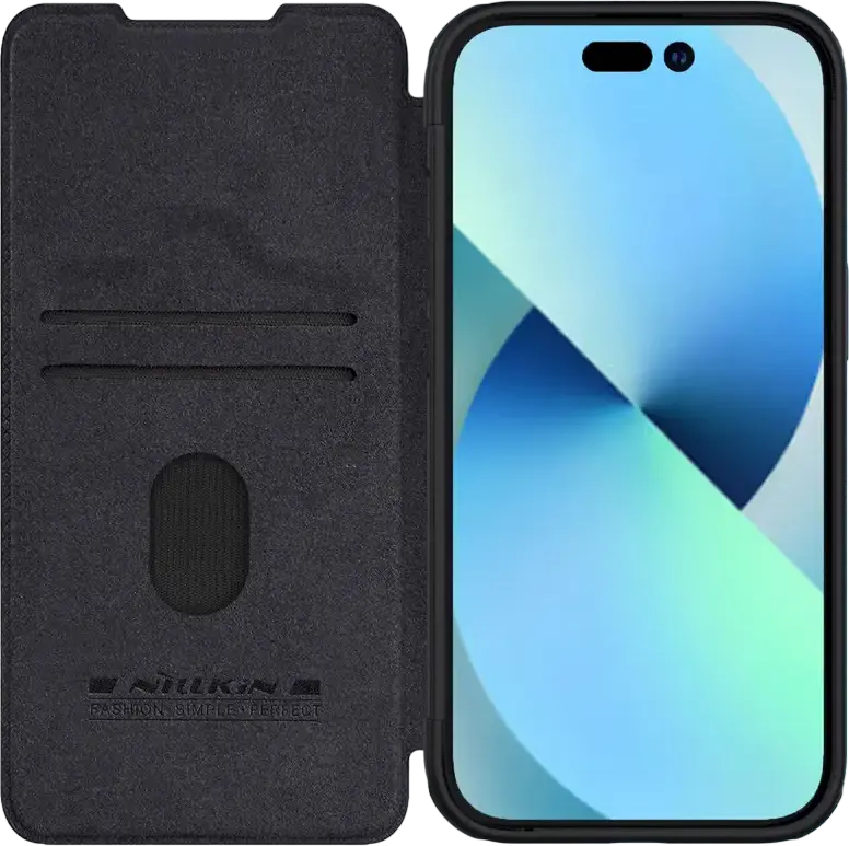 Nillkin Qin Pro Leather Flip Case for iPhone 15 Plus, Premium PU Leather with CamShield Slide Camera Cover and Integrated Card Slots, Black