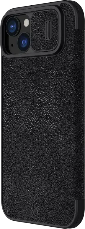 Nillkin Qin Pro Leather Flip Case for iPhone 15 Plus, Premium PU Leather with CamShield Slide Camera Cover and Integrated Card Slots, Black