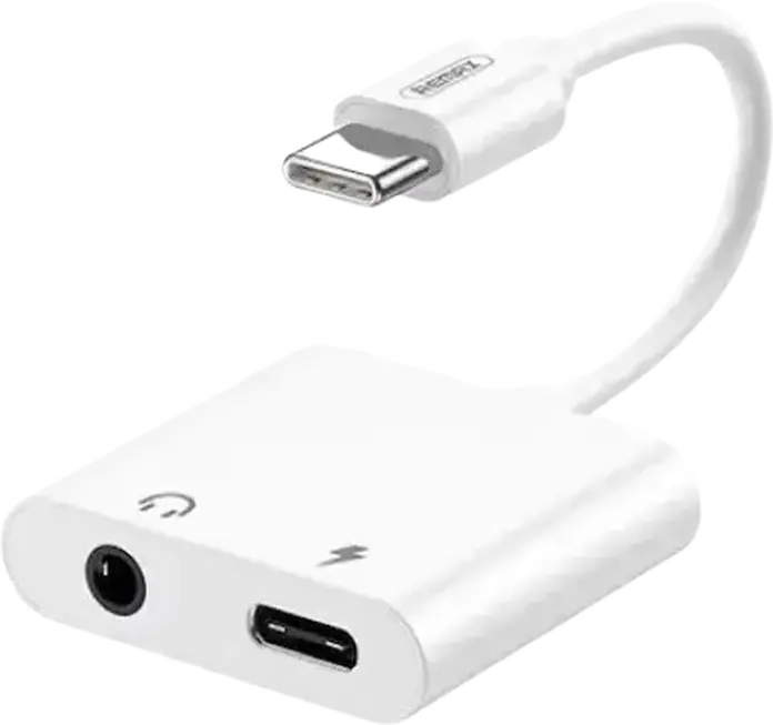 Adaptor Remax RL-LA11 USB Type-C la Jack 3.5mm si USB-C, Splitter Audio cu Incarcare Rapida 30W, Material ABS, Alb