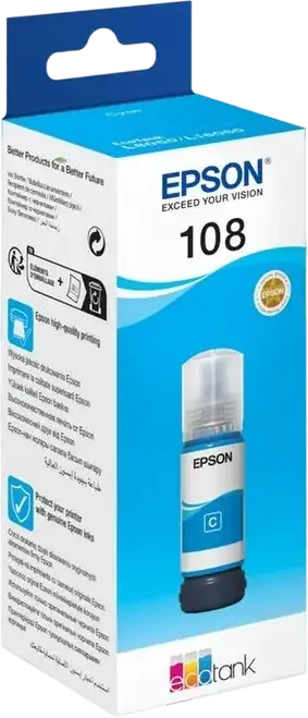 Sticla de cerneala Epson 108 EcoTank Cyan pe baza de coloranti 70ml pentru imprimante Inkjet L8050 L18050, contrast ridicat, randament 7200 pagini