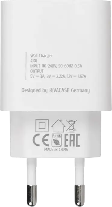 Incarcator de perete Rivacase PS4101 WD5 20W USB-C, Incarcare Rapida PD 3.0 si QC 3.0, Priza EU, Alb, Plastic ABS, Include Cablu USB-C, pentru iPhone 8 si ulterior