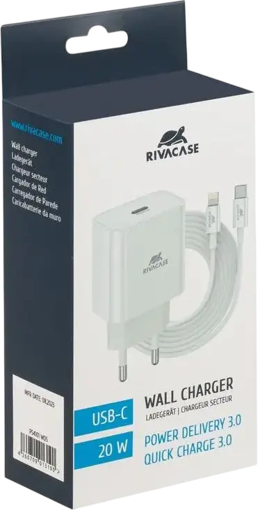 Incarcator de perete Rivacase PS4101 WD5 20W USB-C, Incarcare Rapida PD 3.0 si QC 3.0, Priza EU, Alb, Plastic ABS, Include Cablu USB-C, pentru iPhone 8 si ulterior
