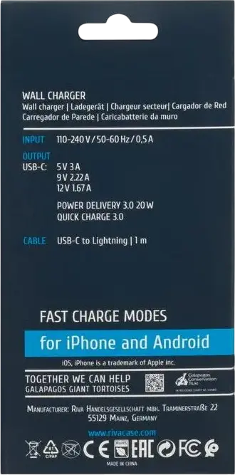 Incarcator de perete Rivacase PS4101 WD5 20W USB-C, Incarcare Rapida PD 3.0 si QC 3.0, Priza EU, Alb, Plastic ABS, Include Cablu USB-C, pentru iPhone 8 si ulterior