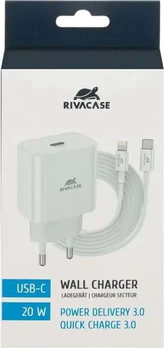 Incarcator de perete Rivacase PS4101 WD5 20W USB-C, Incarcare Rapida PD 3.0 si QC 3.0, Priza EU, Alb, Plastic ABS, Include Cablu USB-C, pentru iPhone 8 si ulterior
