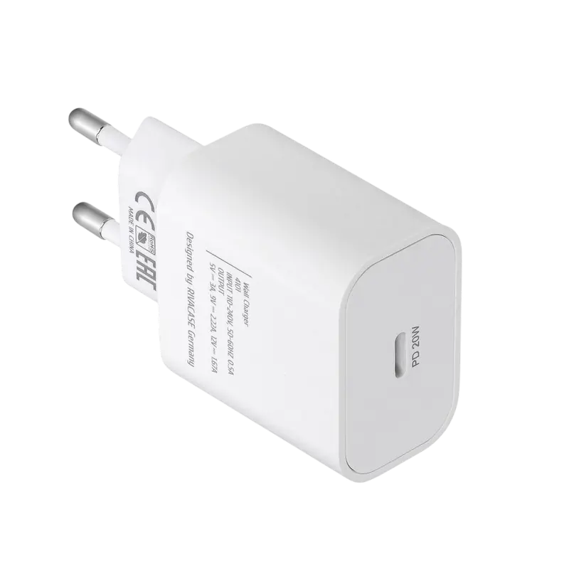 Incarcator de perete Rivacase PS4101 WD5 20W USB-C, Incarcare Rapida PD 3.0 si QC 3.0, Priza EU, Alb, Plastic ABS, Include Cablu USB-C, pentru iPhone 8 si ulterior