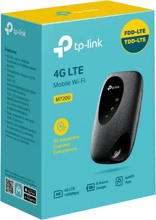 TP-Link M7200 4G LTE Mobile Wi-Fi Router, 150 Mbps Download, 300 Mbps Wi-Fi, 2000 mAh Battery, Up to 10 Devices, tpMiFi App Support, Black