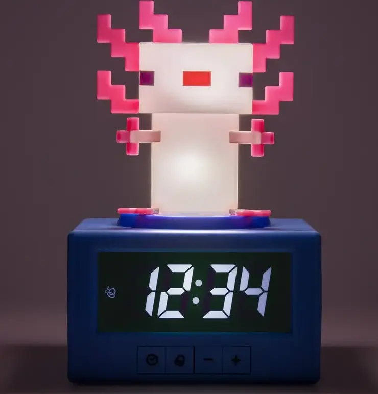 Paladone Minecraft Axolotl Icon Alarm Clock 15043, Digital Display, 15 cm, ABS Plastic, Night Light, Tap-to-Snooze, Official Minecraft Sound, Multicolor